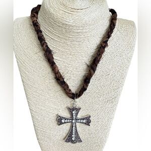Bandana Necklace Cross Charm Leopard Print Braided